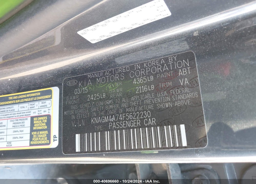 2015 KIA OPTIMA LX VIN: KNAGM4A74F5622230