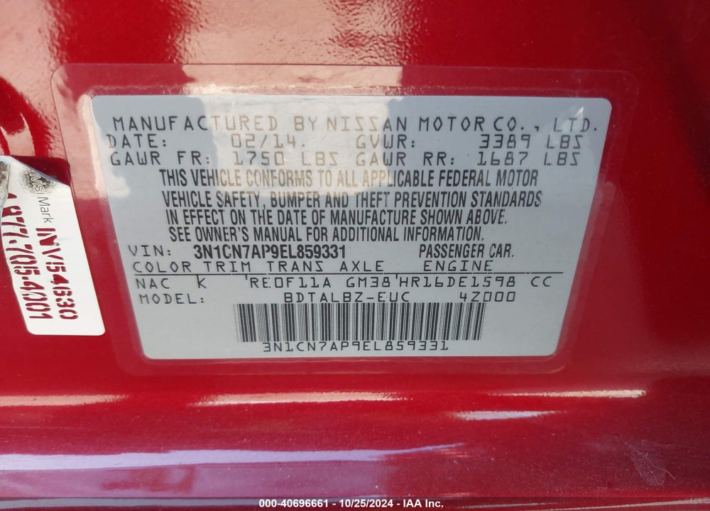2014 NISSAN VERSA 1.6 SV VIN: 3N1CN7AP9EL859331