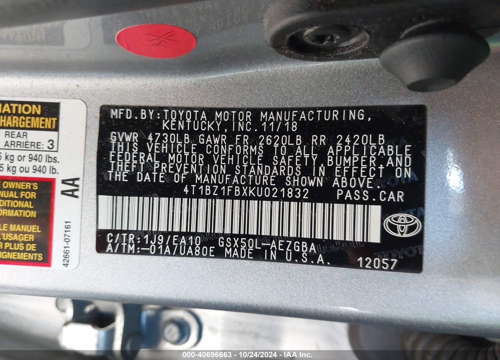 2019 TOYOTA AVALON XLE VIN: 4T1BZ1FBXKU021832