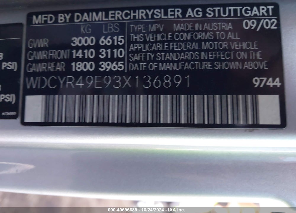 2003 MERCEDES-BENZ G 500 VIN: WDCYR49E93X136891