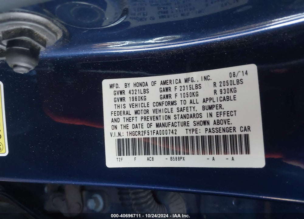 2015 HONDA ACCORD SPORT VIN: 1HGCR2F51FA000742