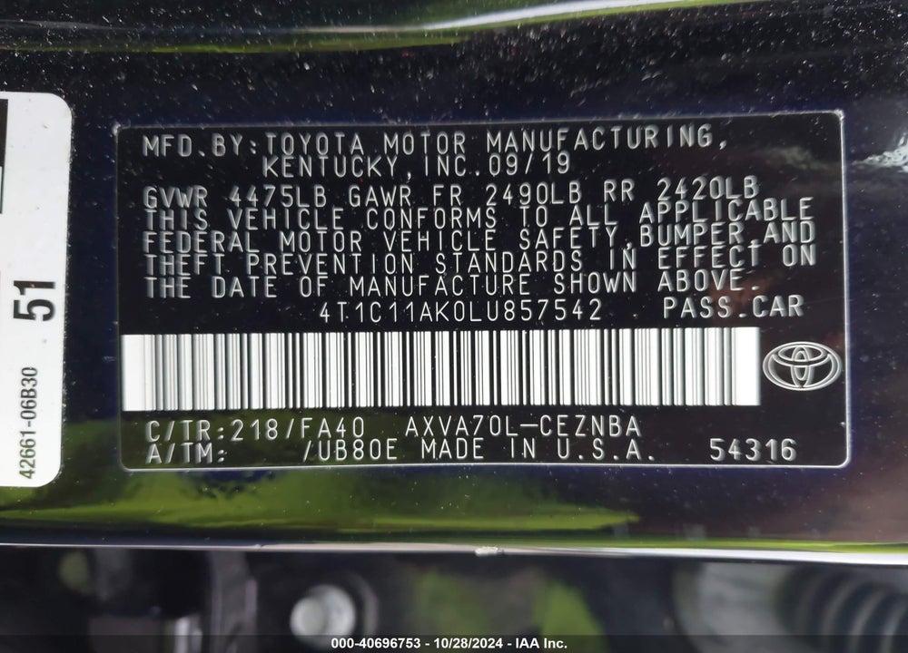 2020 TOYOTA CAMRY LE VIN: 4T1C11AK0LU857542