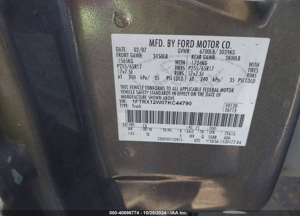 2007 FORD F-150 STX/XL/XLT VIN: 1FTRX12W07KC44790
