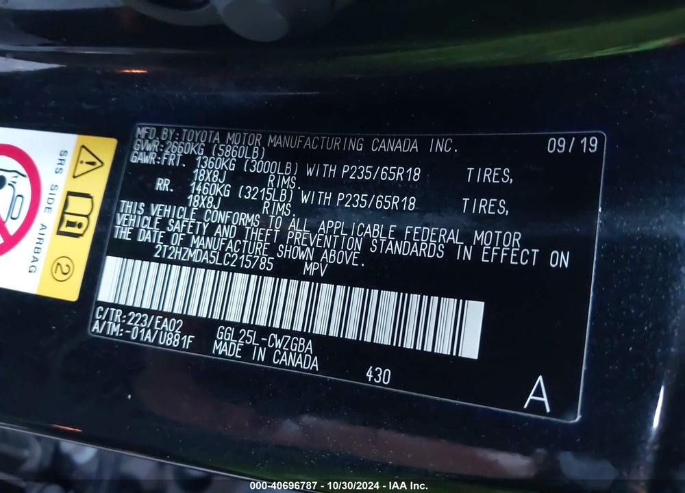 2020 LEXUS RX 350 VIN: 2T2HZMDA5LC215785