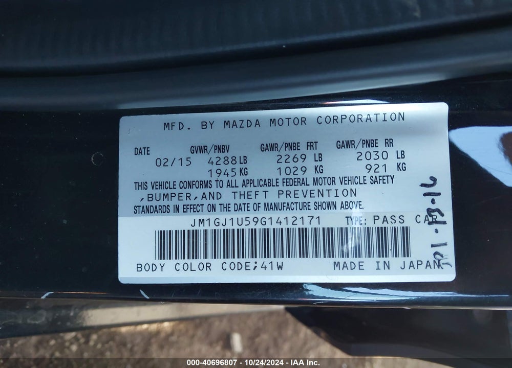 2016 MAZDA 6 I SPORT VIN: JM1GJ1U59G1412171