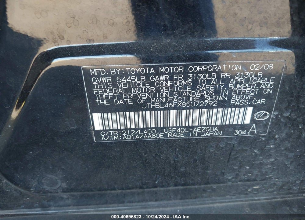 2008 LEXUS LS 460 VIN: JTHBL46FX85072792