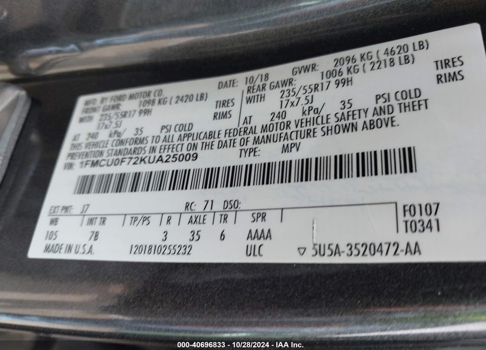 2019 FORD ESCAPE S VIN: 1FMCU0F72KUA25009