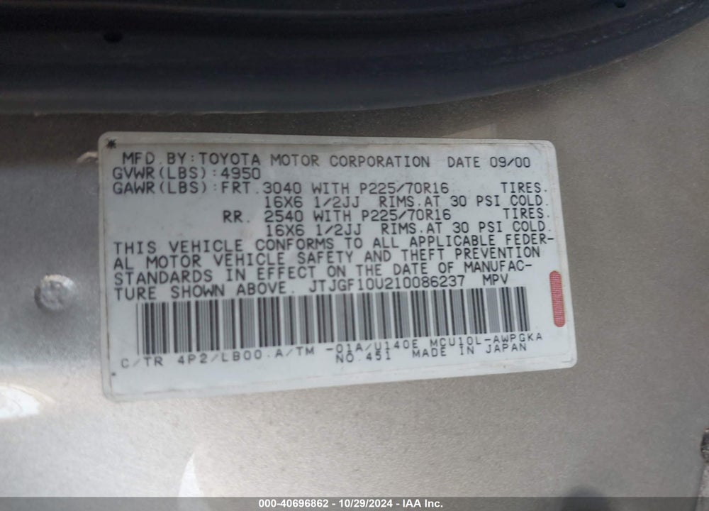 2001 LEXUS RX 300 VIN: JTJGF10U210086237