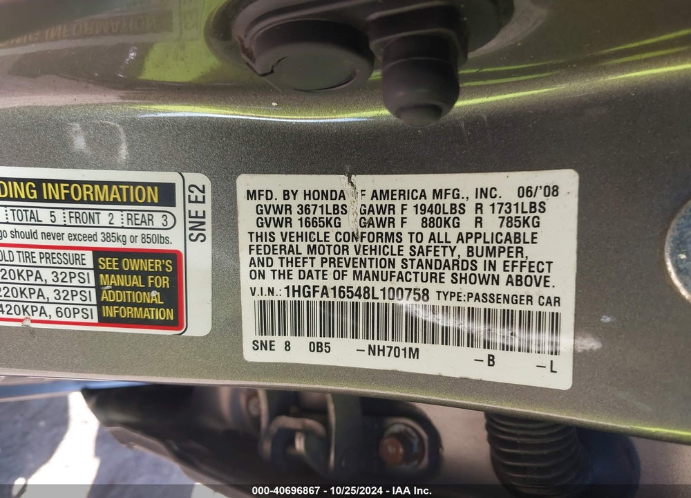 2008 HONDA CIVIC LX VIN: 1HGFA16548L100758