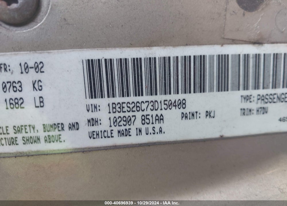 2003 DODGE NEON SE VIN: 1B3ES26C73D150408