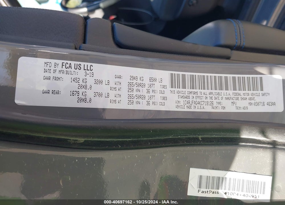 2019 JEEP GRAND CHEROKEE UPLAND 4X4 VIN: 1C4RJFAG4KC719126