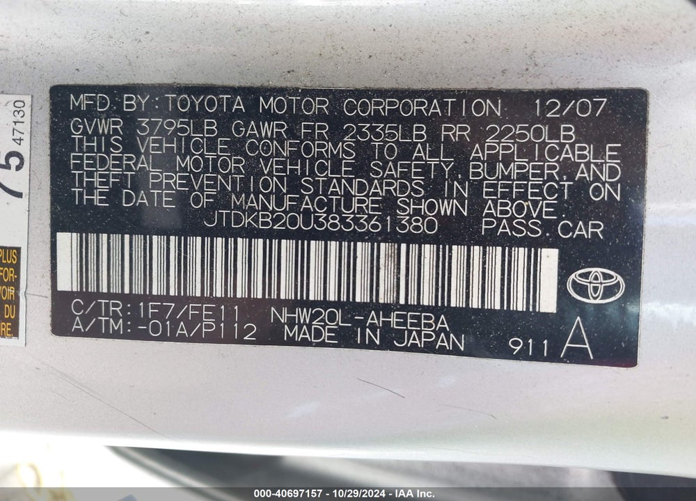 2008 TOYOTA PRIUS VIN: JTDKB20U383361380