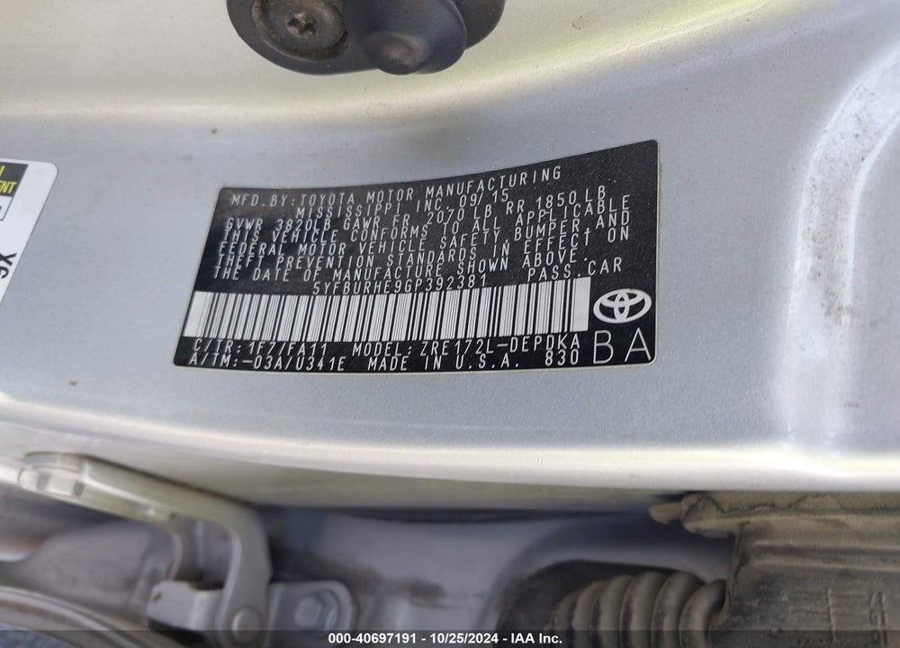 2016 TOYOTA COROLLA L VIN: 5YFBURHE9GP392381