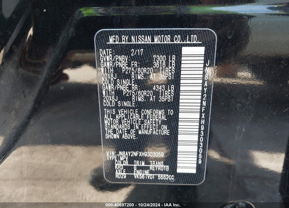 2017 NISSAN ARMADA PLATINUM VIN: JN8AY2NFXH9303059