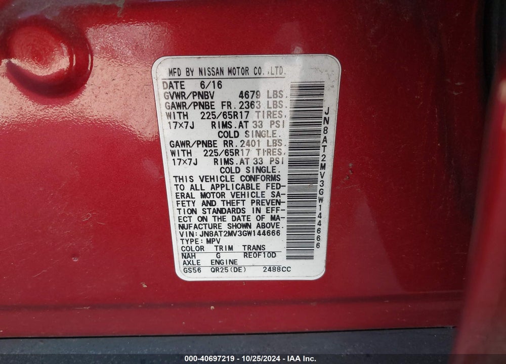 2016 NISSAN ROGUE S VIN: JN8AT2MV3GW144666