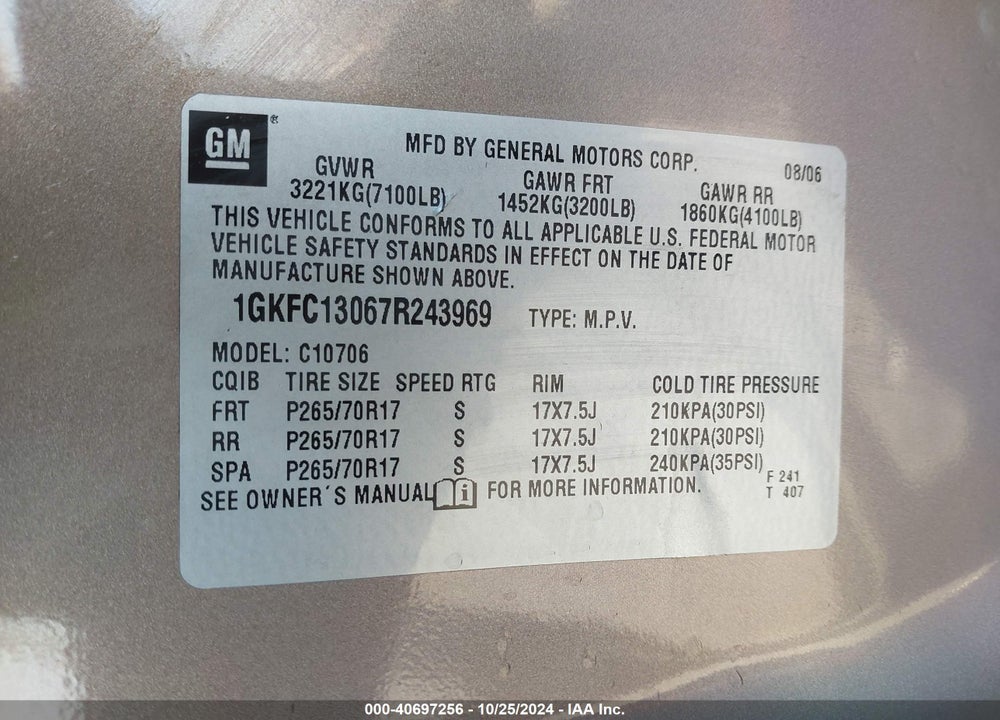 2007 GMC YUKON SLT VIN: 1GKFC13067R243969