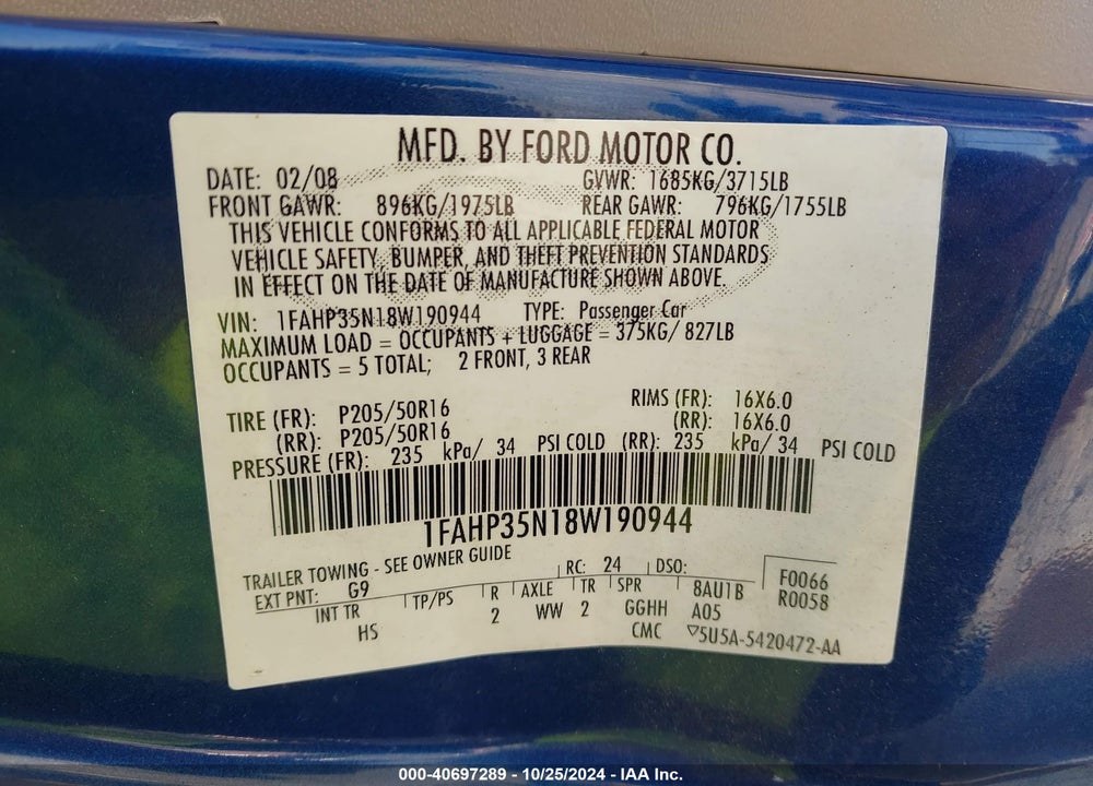 2008 FORD FOCUS SES VIN: 1FAHP35N18W190944