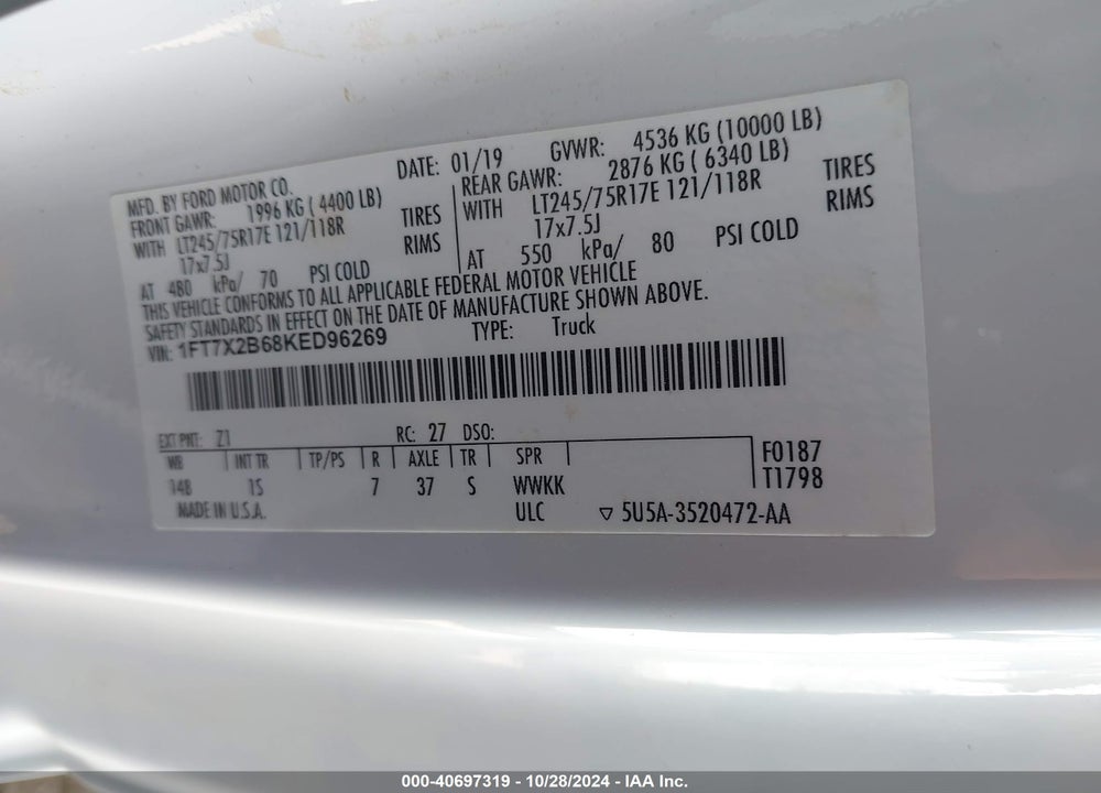 2019 FORD F-250 XL VIN: 1FT7X2B68KED96269