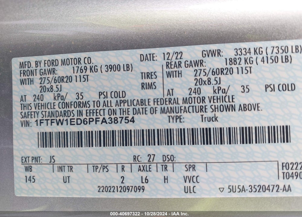 2023 FORD F-150 XLT VIN: 1FTFW1ED6PFA38754