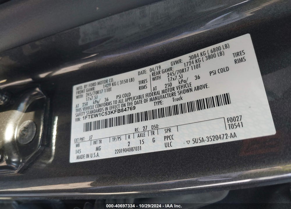 2019 FORD F-150 XLT VIN: 1FTEW1C53KFB84769