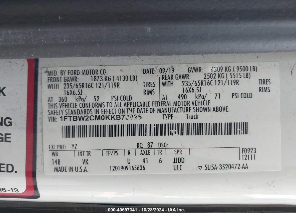 2019 FORD TRANSIT-350 VIN: 1FTBW2CM0KKB73025