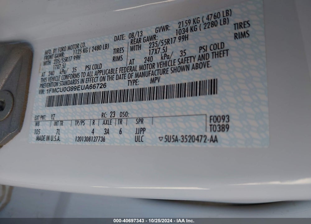 2014 FORD ESCAPE SE VIN: 1FMCU0G99EUA66726