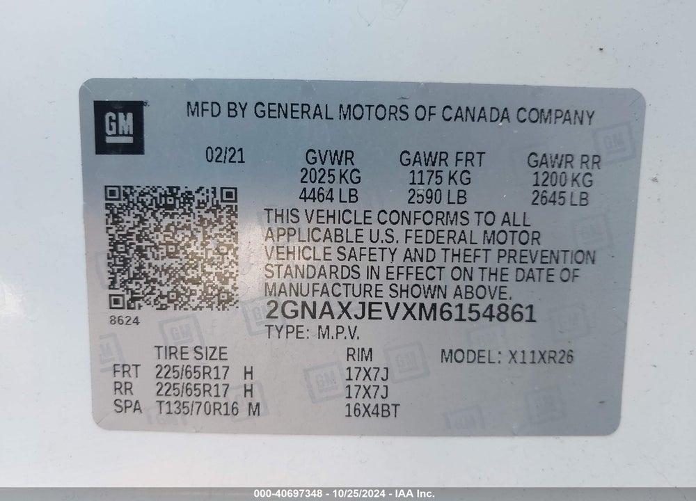 2021 CHEVROLET EQUINOX FWD 2FL VIN: 2GNAXJEVXM6154861