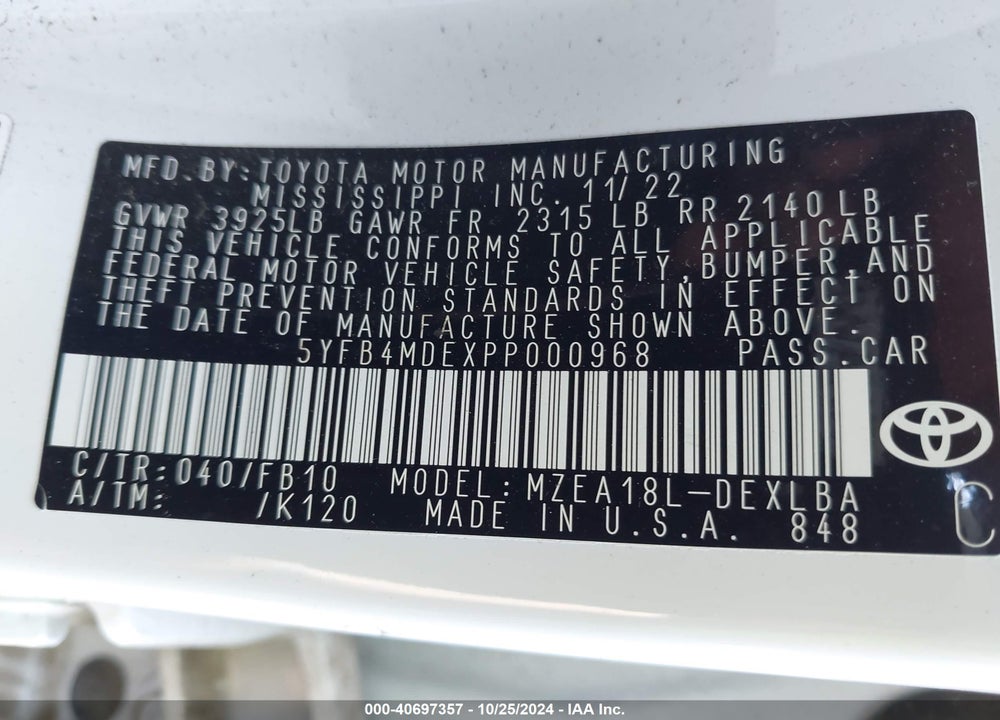 2023 TOYOTA COROLLA LE VIN: 5YFB4MDEXPP000968