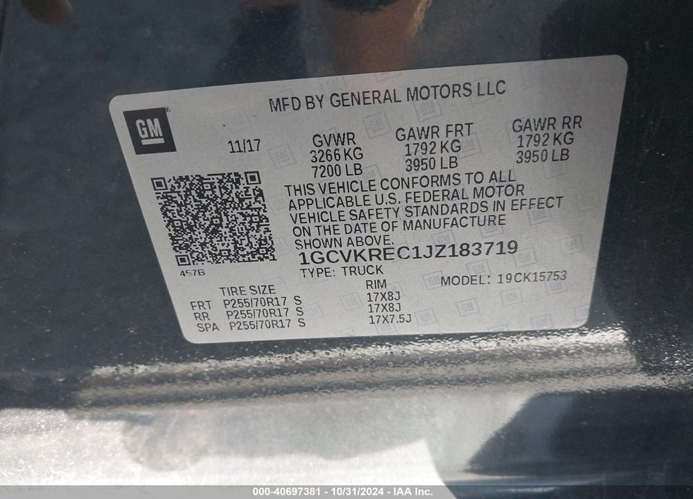 2018 CHEVROLET SILVERADO 1500 1LT VIN: 1GCVKREC1JZ183719