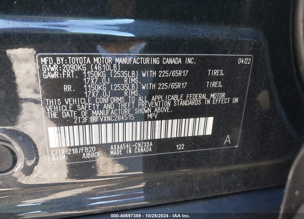 2022 TOYOTA RAV4 LE VIN: 2T3F1RFVXNC284515