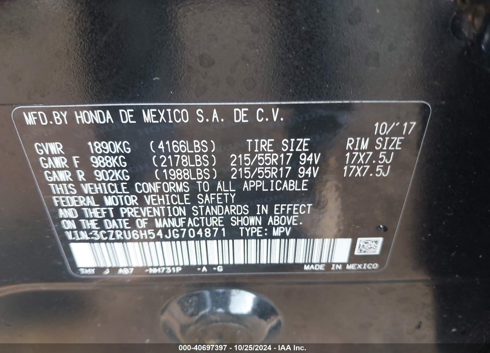 2018 HONDA HR-V EX VIN: 3CZRU6H54JG704871