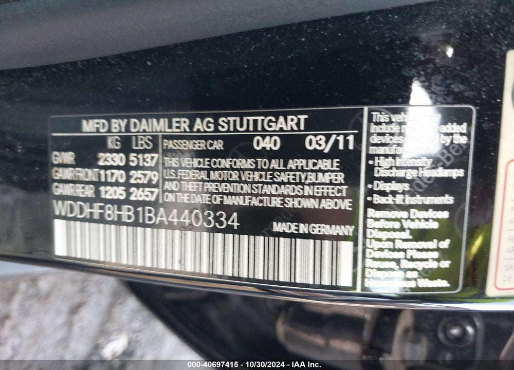 2011 MERCEDES-BENZ E 350 4MATIC VIN: WDDHF8HB1BA440334