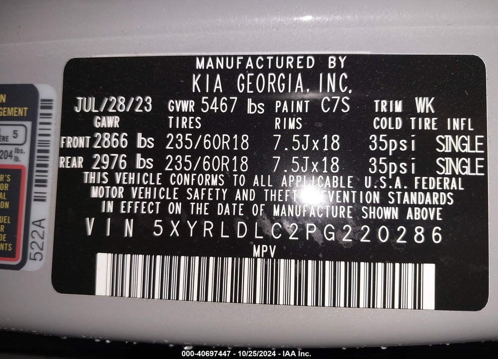 2023 KIA SORENTO VIN: 5XYRLDLC2PG220286