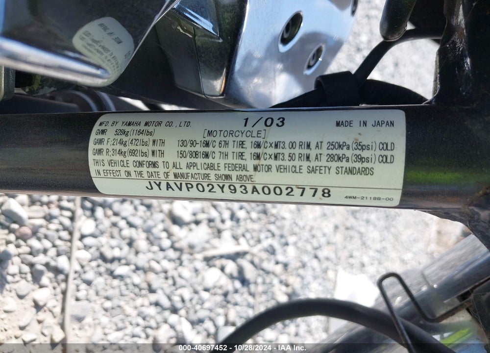 2003 YAMAHA XV1600 AS VIN: JYAVP02Y93A002778