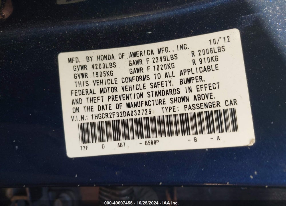 2013 HONDA ACCORD LX VIN: 1HGCR2F32DA032725