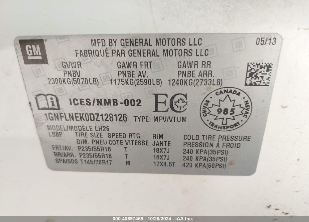 2013 CHEVROLET EQUINOX 2LT VIN: 1GNFLNEK0DZ128126
