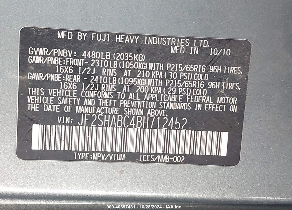 2011 SUBARU FORESTER 2.5X VIN: JF2SHABC4BH712452