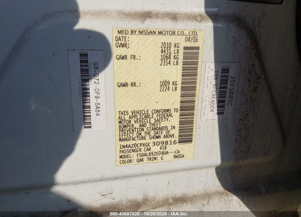 2016 NISSAN LEAF S/SL/SV VIN: 1N4AZ0CPXGC309816