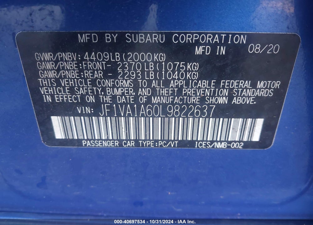 2020 SUBARU WRX VIN: JF1VA1A60L9822637