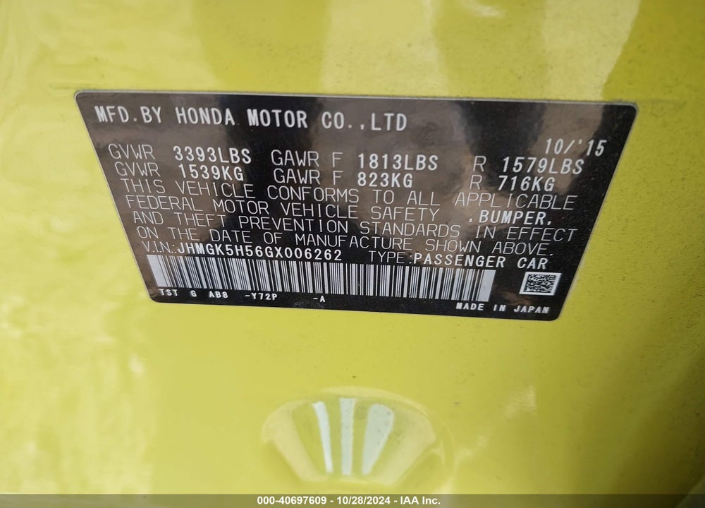 2016 HONDA FIT LX VIN: JHMGK5H56GX006262