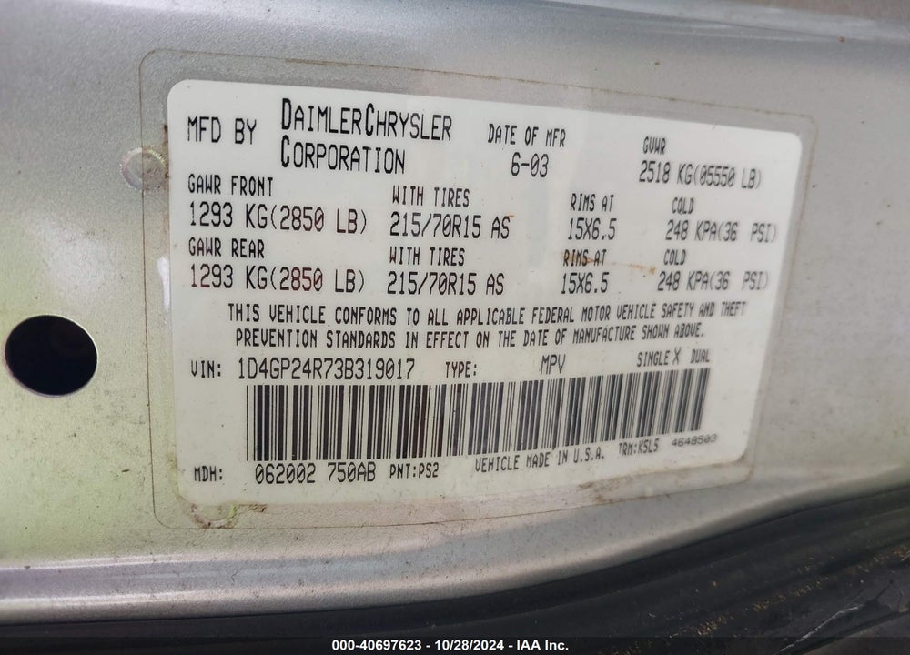 2003 DODGE GRAND CARAVAN SE VIN: 1D4GP24R73B319017