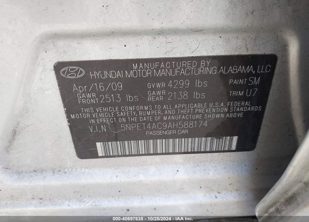 2010 HYUNDAI SONATA GLS VIN: 5NPET4AC9AH588174