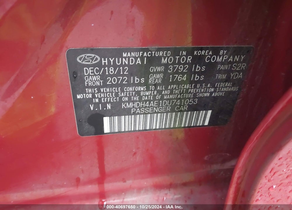 2013 HYUNDAI ELANTRA LIMITED VIN: KMHDH4AE1DU741053