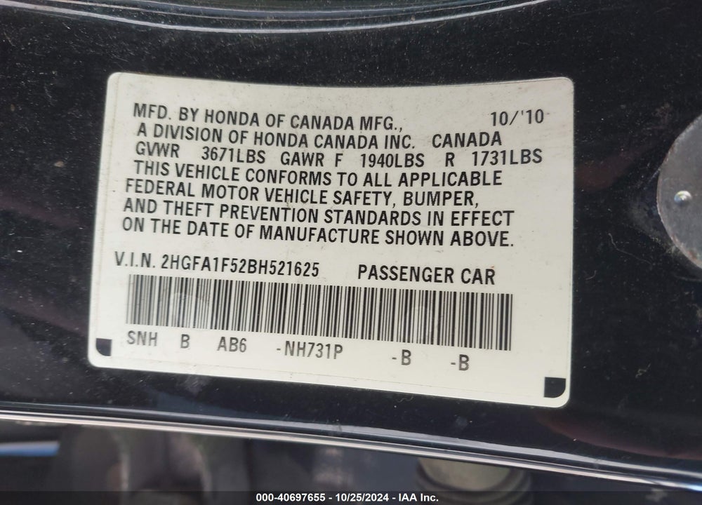 2011 HONDA CIVIC VIN: 2HGFA1F52BH521625