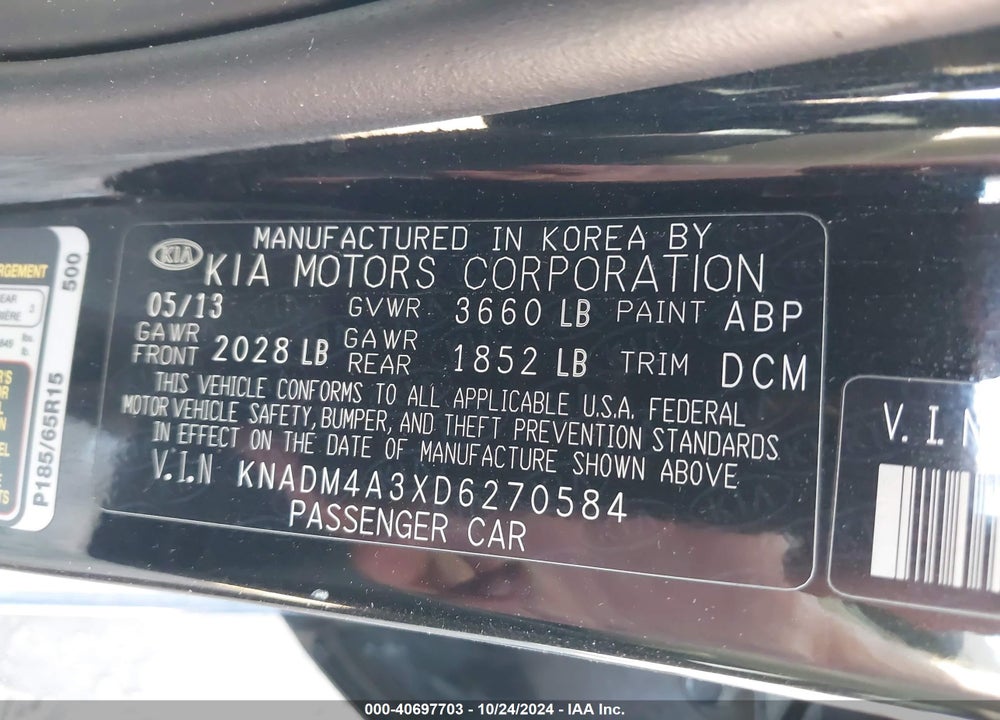 2013 KIA RIO LX VIN: KNADM4A3XD6270584