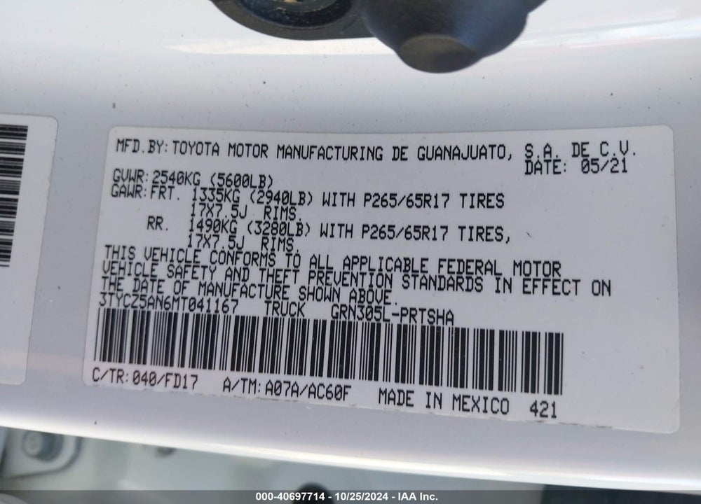 2021 TOYOTA TACOMA TRD SPORT VIN: 3TYCZ5AN6MT041167