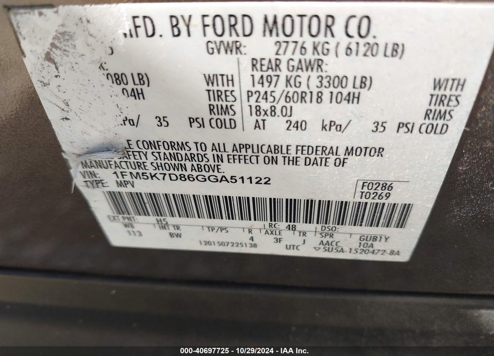 2016 FORD EXPLORER XLT VIN: 1FM5K7D86GGA51122