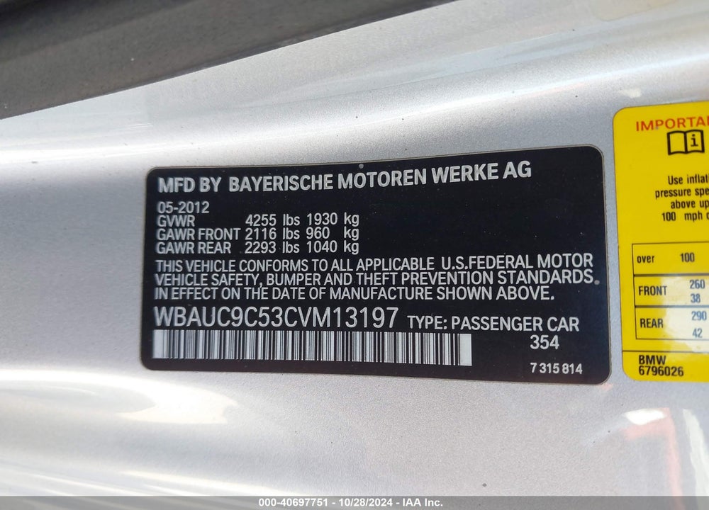 2012 BMW 135I VIN: WBAUC9C53CVM13197