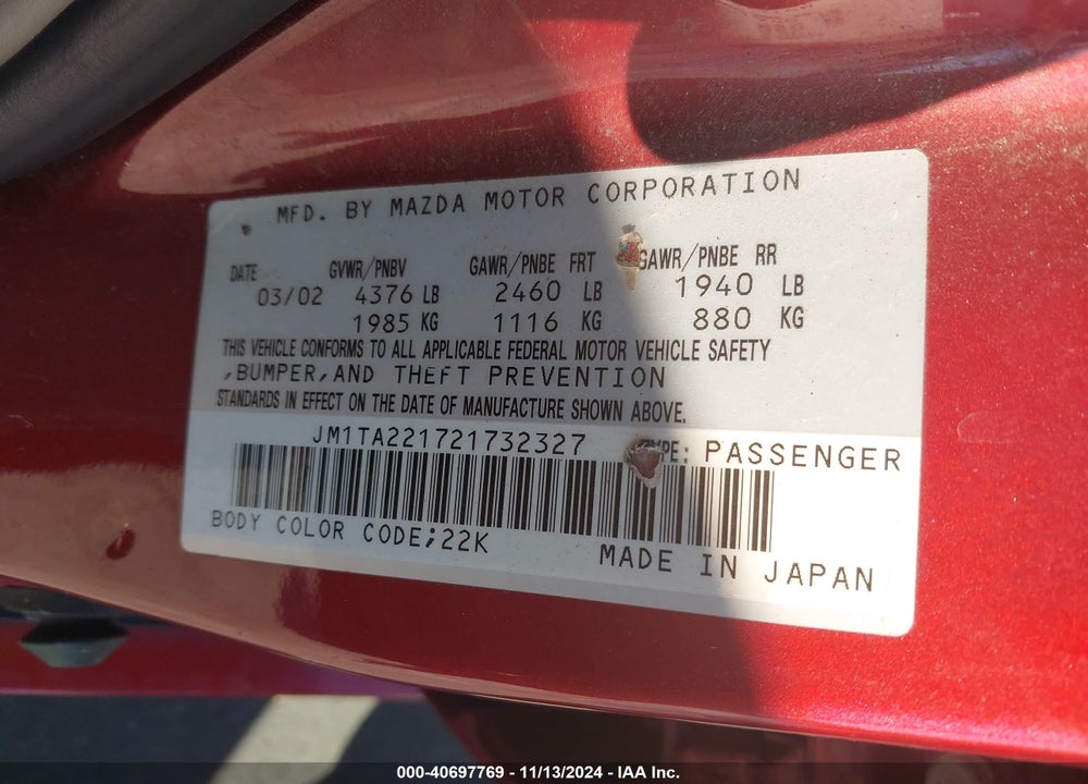 2002 MAZDA MILLENIA P/PS VIN: JM1TA221721732327