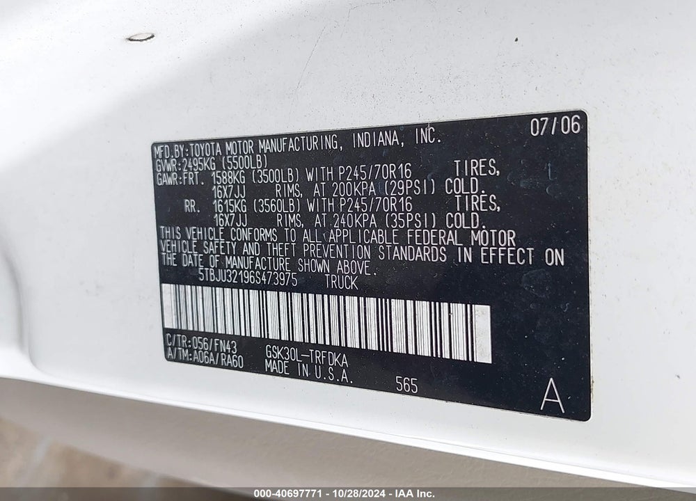 2006 TOYOTA TUNDRA VIN: 5TBJU32196S473975
